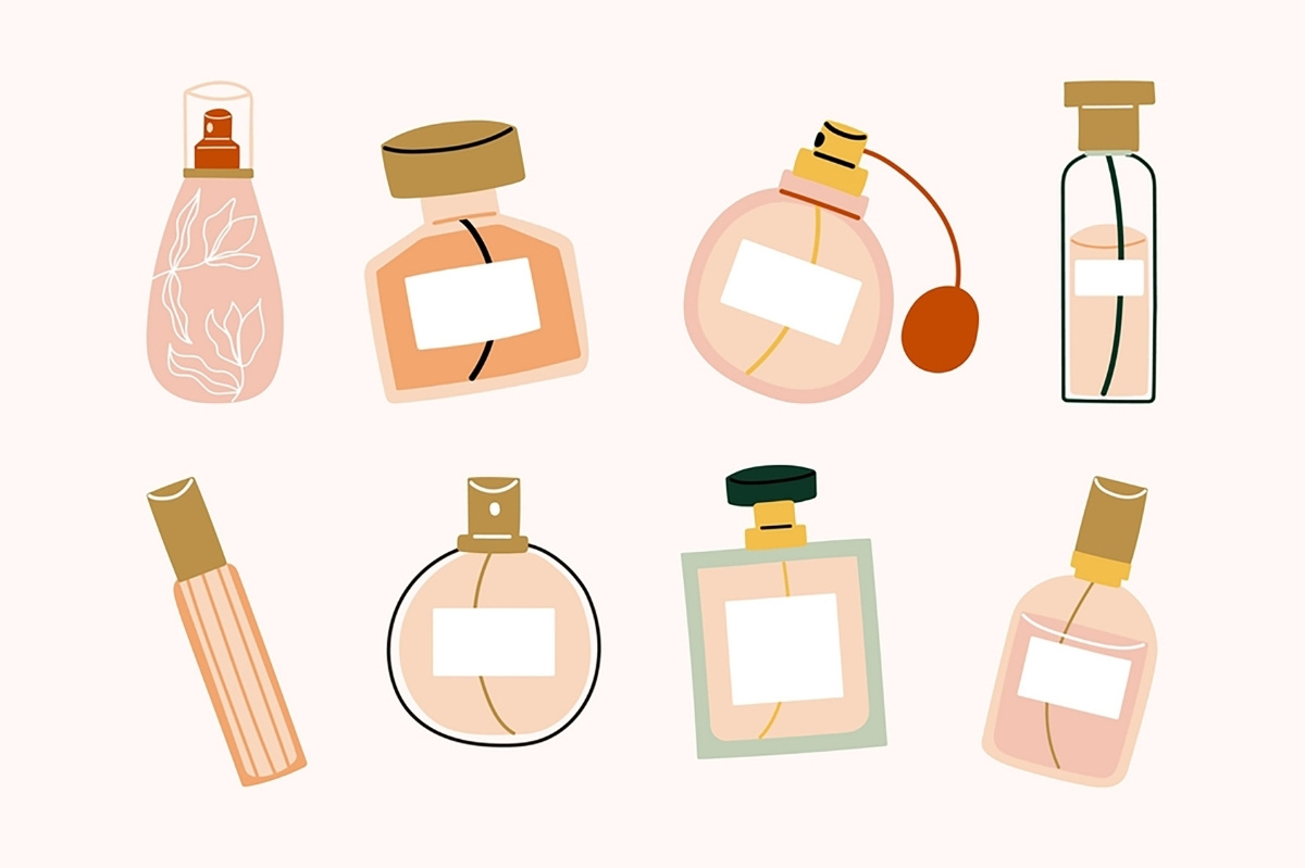 A creative illustration of differenrt perfume bottle types